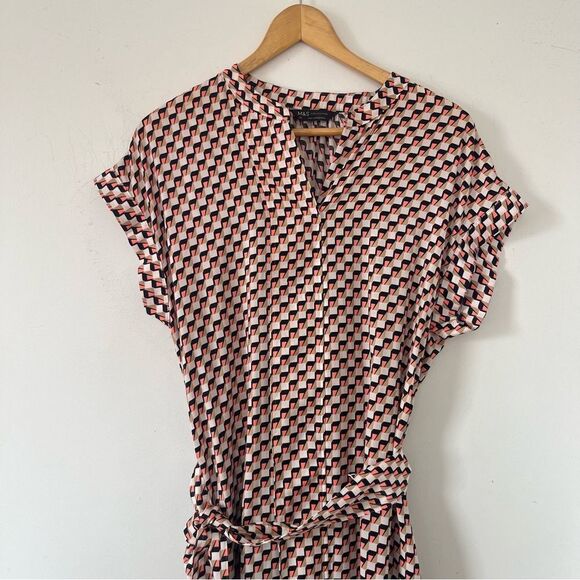 M&S Collection Pink Navy Geometric Pattern Cuffed Short Sleeve Midi Dress - Picture 8 of 9